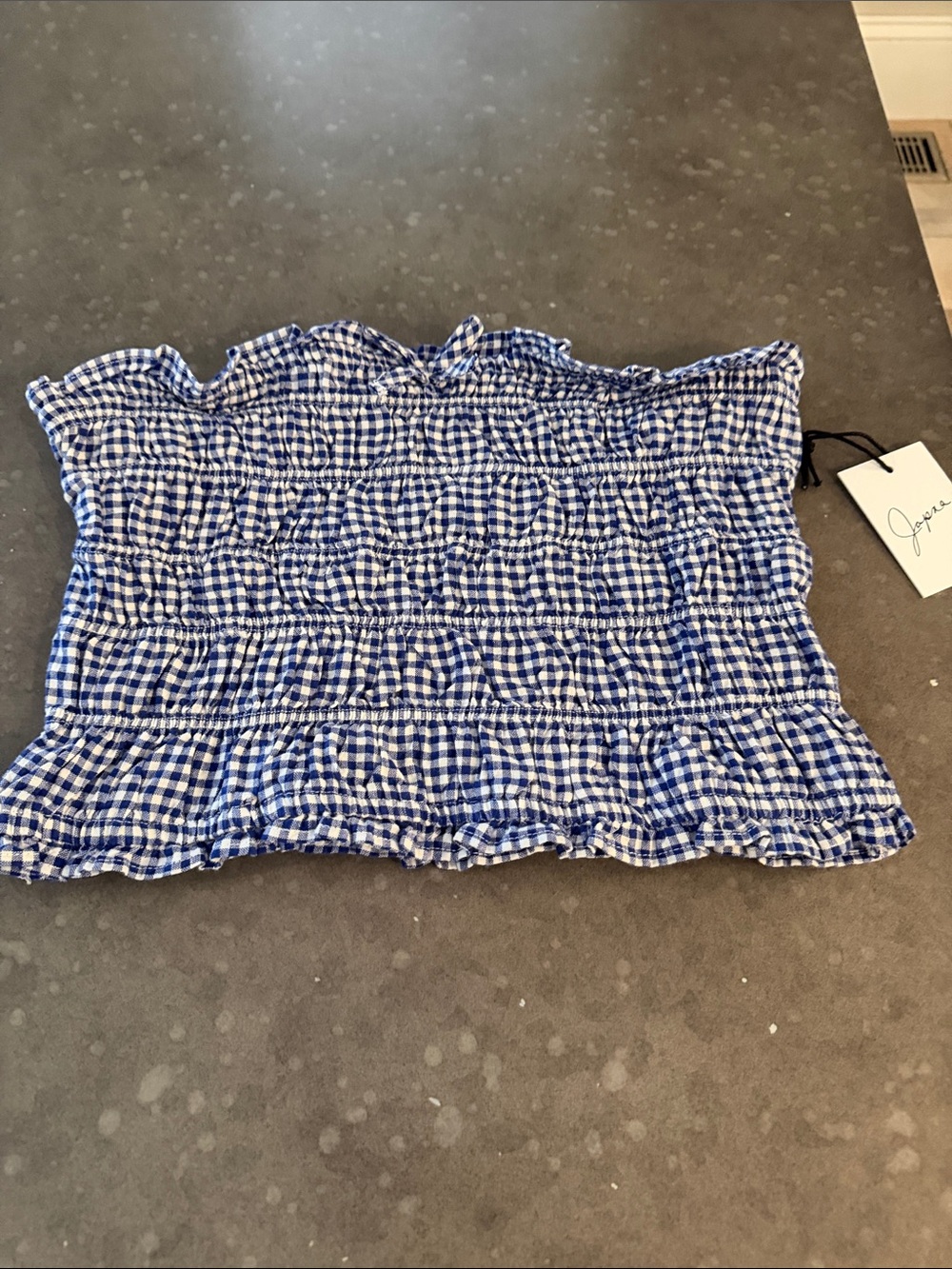 Japna Blue and White Gingham Smocked Crop Top